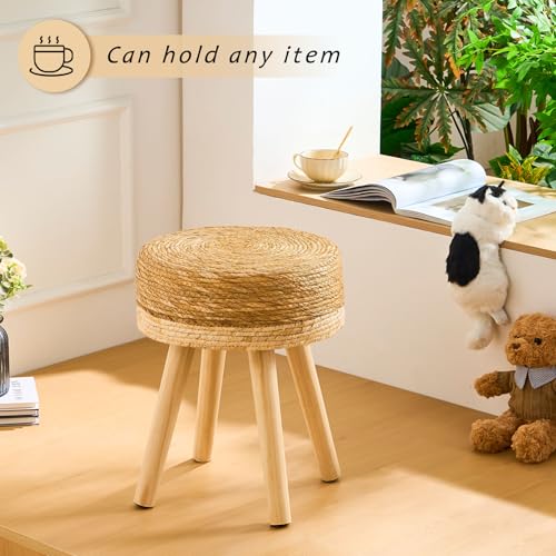 Handwoven Outdoor Ottoman, Water Hyacinth Pouf Round Patio Footstool with Wood Legs, 17-Inch Multipurpose Vanity Stool, Dining Chair, Patio Footrest for Balcony and Garden, White - color: White, size: 13"D x 13"W x 16.9"H