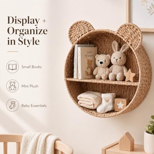 Woven Wall Basket Shelf Bear Nursery Decor — Boho Handwoven Hanging Wall Decor for Kids Room, Paper Rope Stuffed Animal Organizer, Baby Nursery Floating Shelf - color: Khaki