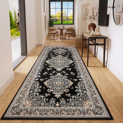 HOMORE Vintage Runner Rug-2x6 Hallway Runner Rug for Entryway Non Slip Washable Bedroom Rug Faux Wool Low Pile Floor Carpet Runner for Kitchen Indoor Front Entrance Laundry Living Room Dorm, Black - color: Black, size: 2' x 6' (Rectangular)