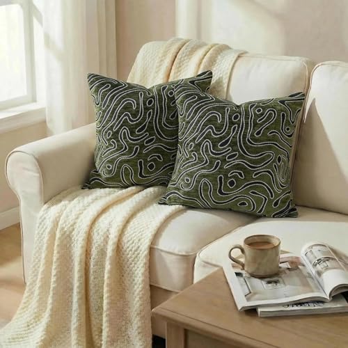 Mantle & Mason Throw Pillow Covers 18x18 Chenille Pillow Covers Set of 2, Olive Green Modern Abstract Luxury Textured Decorative Pillow Cover for Couch Sofa Bed Living Room - color: Artflow Forest Green, size: 18" x 18" (Pack of 2)