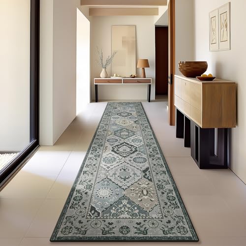 Phantoscope Washable Runner Rug 2'x10' Non-Slip, Vintage Boho Hallway Rugs for Entryway, Stair, Bedroom, Distressed Moroccan Mosaic Diamond Pattern, Low-Pile Foldable Floor Carpet, Grey Charcoal - color: Grey Charcoal, size: 2' x 10' (Runner)