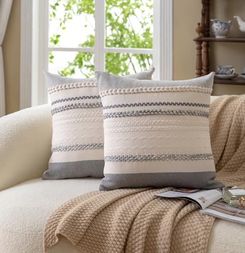 Cethom Boho Throw Pillow Covers 18x18 Inch Set of 2, Grey Textured Decorative Couch Pillow Cases for Farmhouse Home Decor, Accent Cushion Cover for Sofa, Bed, Living Room, Bedroom - color: Grey, size: 18" x 18" (Pack of 2)