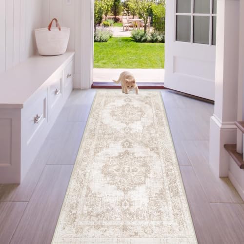 Runner Rug 2x5 Hallway Runner Rugs: Washable Vintage Kitchen Area Rug Medallion Distressed Rugs Non Slip Soft Low Pile Indoor Floor Carpet for Living Room Bedroom Bathroom Laundry(Beige, 2'x5') - color: Beige, size: 2' x 5' (Rectangular)