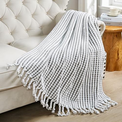 Striped Knit Throw Blanket with Braided Tassels 50" x 60", Hand Knitted Soft Chunky Chain Design Boho Farmhouse Blanket, Two Tone Tassel Decor Throw for Couch Bed Sofa Outdoor, Gray White - color: Gray White