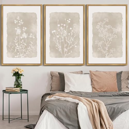 Drsoum Botanical Flower Wall Art Framed Vintage Floral Wall Prints Wildflower Neutral Rustic Bohemain Artwork Farmhouse Bedroom Ready to Hang 24x36in Natural Framed - color: Beige Botanical Floral, size: 36L" x 24W", Natural Framed