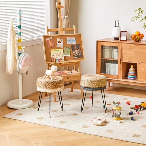 YMYNY Pouf Ottoman, Handmade Natural Water Hyacinth, Pastoral Style Footrest, Footstool with 4 Metal Legs Round Vanity Stool for Bedroom, Hallway, Living Room 12.59"L×12.59"W×17.71"H White UHBD029W - color: White