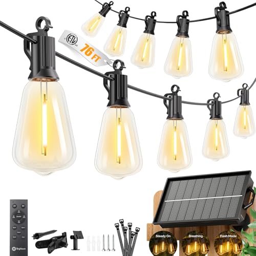 Brightown 76FT Solar String Lights Outdoor Waterproof, Patio Lights with Remote and 23+1 LED Shatterproof Bulbs, Dimmable & Timable, 3 Light Modes, Solar Lights Outdoor for Yard Camping Party Outside - size: 76FT(23 Sockets)