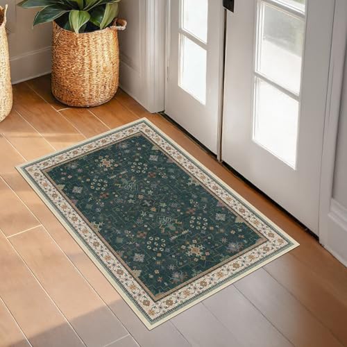 Dark Green 2x3 Door Mat Indoor Entrance Rug - Small Throw Area Rugs for Entryway, Kitchen, Bathroom, Bedroom, Laundry Room - Vintage Boho Eclectic Floral, Washable Low Pile Non-Slip - color: Dark Green, size: 2' x 3' (Rectangular)