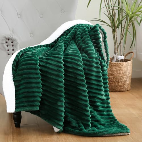 Green Sherpa Fleece Throw Blanket 60”×80” for Couch Sofa Bed,Double Side Soft Fuzzy Cozy Plush Thick Flannel Blanket with Striped Design,Gift for Adults,Woman,Girls - color: Green, size: 60×80inch