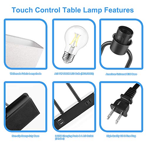Bedside Touch Control Table Lamp with Dual USB Charging Ports 1 AC Outlet, 3 Way Dimmable Modern Nightstand Lamp with Cream Fabric Shade, Desk Lamp for Bedroom Living Room Office with 5000K LED Bulb - color: Cream