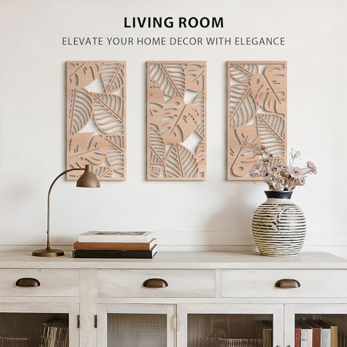 VIYYIEA Boho Solid Wood Carved Wall Art Set of 3, Geometric Minimalist Wooden Home Decor Panels, Handcrafted Solid Wood Wall Hanging for Living Room Bedroom Hallway, 16 x 8 Inch Each (Leaves Oak) - color: Leaves
