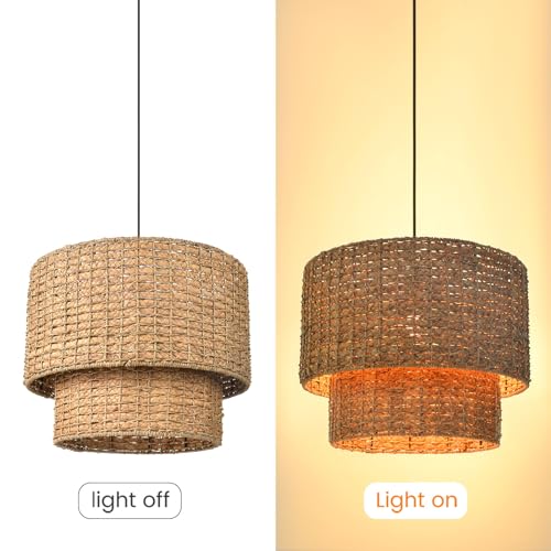 Arturesthome 1 Light Rustic Woven Pendant Light, Coastal Rattan Lampshade Hanging Lighting Fixture,Adjustable Vintage Farmhouse Chandelier Lamp Shade for Kitchen Island Dining Table Room - size: 19.68in * 15.7in