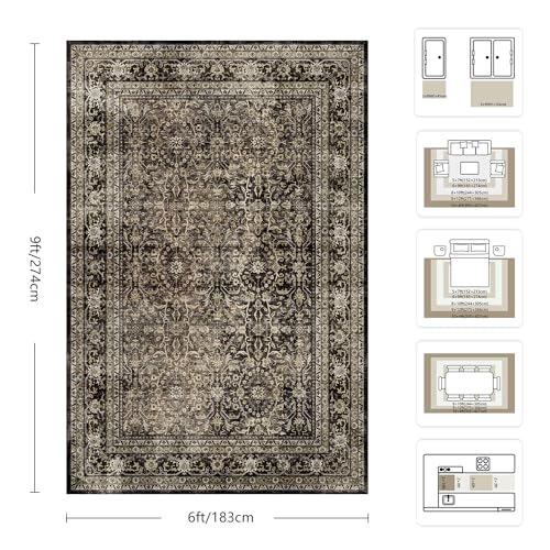 6x9 Area Rugs - Washable Vintage Retro Living Room Rug, Soft Ultra Thin Non Slip Low Pile Traditional Distressed Boho Carpet for Bedroom Dining Room Nursery Home Office, Brown - color: C-vintage Brown, size: 6x9