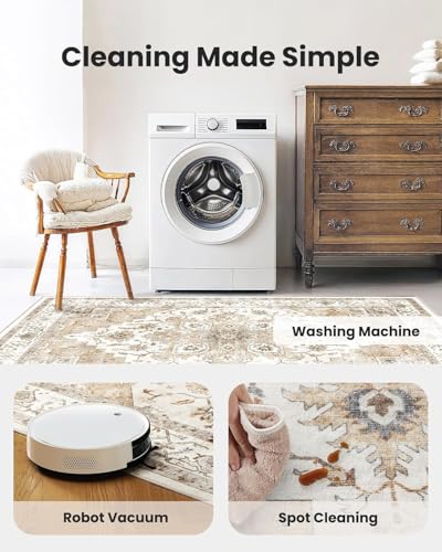 AMADA HOMEFURNISHING 2x3 Washable Area Rug, Low-Profile Entryway Rug with Non-Slip Backing & Durable Edge Binding, Vintage Rug Pattern, Small Rugs for Entryway, Kitchen & Living Room - color: Beige, size: 2' x 3' (Runner)