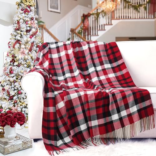 BATTILO HOME Christmas Red Plaid Throw Blanket for Couch, Bed, Super Soft Red Plaid Scarf, Throw Blanket, Christmas Decorative Throw with Tassels 50"x60" - color: Red