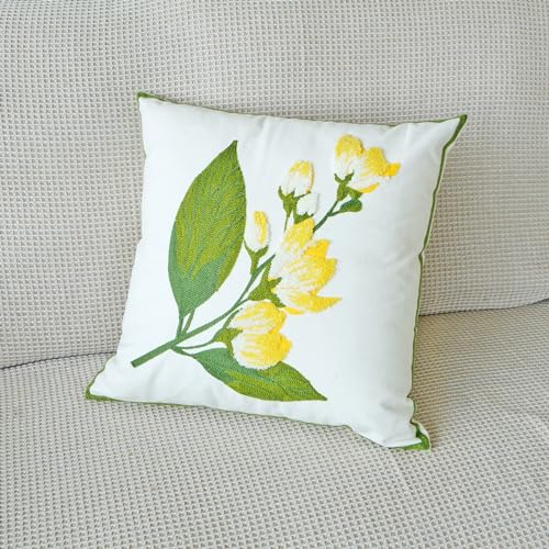 vctops Farmhouse Hibiscus Flowers Cotton Tufted Throw Pillow Cover Spring Floral Embroidery Pillowcase Soft Square Cushion Case for Sofa Couch Bed Chair (Yellow F,18"x18") - color: Yellow F