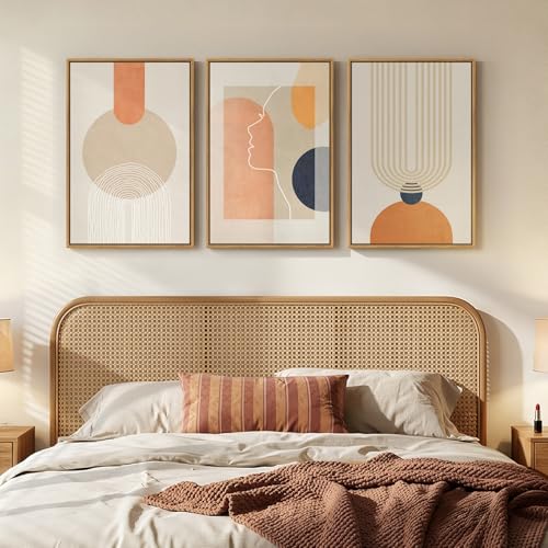 3 Piece Framed Abstract Boho Canvas Wall Art for Living Room, Large Mid Century Modern Geometric Line Prints Paintings, Neutral Minimalist Beige Orange Artwork Decor for Bedroom Entryway, 16x24 Inch - color: Beige Orange, size: 24" H x 16" W x 3Pcs