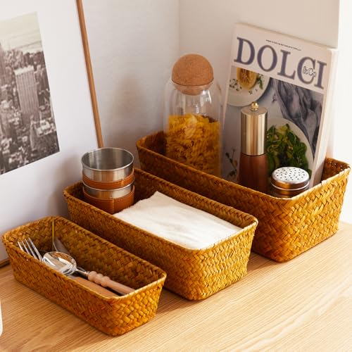 Seagrass Storage Basket, Stackable Open Woven Baskets Bins Container for Organizing Shelves Bedroom Living Room, Set of 3, Natural - size: 3pcs Medium