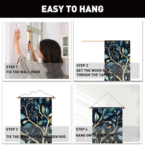 PLIGREAT 2 Pack Tree of Life Long Tapestry Vertical Leaves Birds Wall Hanging with Tassels Black Aesthetic Wall Tapestry for Bedroom Bathroom Living Room Long Narrow Home Hanging Decor - color: Green and Gold