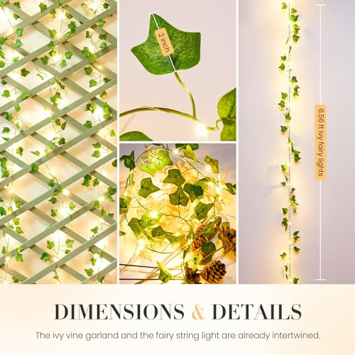 KASZOO 2 Pack 6.56 Ft Vine with Fairy Lights, 80LEDS Battery/USB Operated, Vine String Lights, Ivy Garlands with Fairy Lights for Bedroom Party Wall Room Hanging Decor - color: IVY-USB/Battery Powered-80 LED-Copper Wire