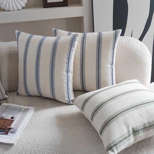 Cethom Boho Throw Pillow Covers 18x18 Set of 2, Navy Blue Striped Decorative Pillow Cases for Couch Chair Bed, Textured Farmhouse Modern Accent Cushion Covers for Living Room Bedroom Sofa Home Decor - color: Navy Blue, size: 18" x 18" (Pack of 2)