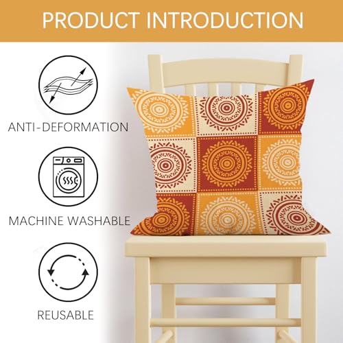 Boho Yellow Orange Mandala Decorative Throw Pillow Covers 18 x 18 Set of 2, Bohemian Vintage Abstract Circular Floral Porch Outdoor Home Decor, Geometric Flower Ethnic Sofa Couch Cushion Case
