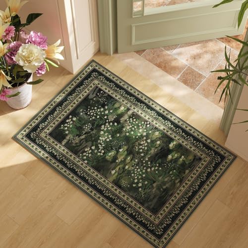 Rugcomf 2x3 Rug Impressionist-Style Vintage Indoor Door Mat Machine Washable Small Area Rug Non-Slip Low Pile Throw Rugs for Entryway Kitchen Front Door Indoor Entrance Entry Kids Room, Green - color: Green, size: 2' x 3' (Rectangular)