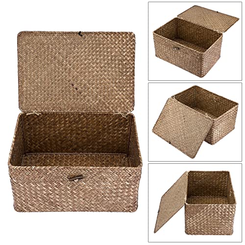 Hipiwe Wicker Shelf Baskets Bin with Lid, Handwoven Seagrass Basket Storage Bins Rectangular Household Basket Boxes for Shelf Wardrobe Home Organizer, Coffee Large - color: Coffee, size: Large