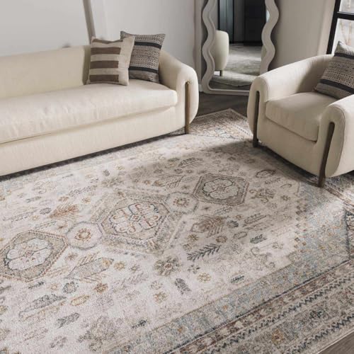 Hauteloom Balfour Living Room, Bedroom Area Rug - Medallion Geometric Border Floral Diamond - Traditional Oriental Transitional Oushak Turkish - Natural Gray, Cream, Gray, Beige, Blue - 2' x 2'11" - color: Natural Gray / Kouta, size: 1'11" x 2'11" (Rectan