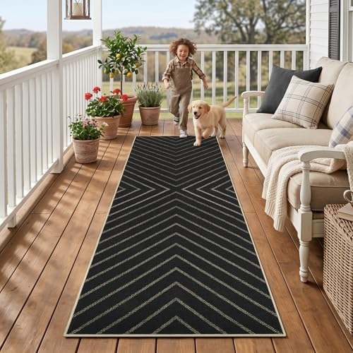 Garvee Easy Jute Rug 2x6 Runner Rug, Hallway Runner Stain Resistant Low Pile Thin Non Shedding Pet Friendly Carpet for Entrance Kithchen Bathroom Porch Striped Minimalism Area Rug 2'x6' Black - color: Striped|black, size: 2' x 6' (Runner)