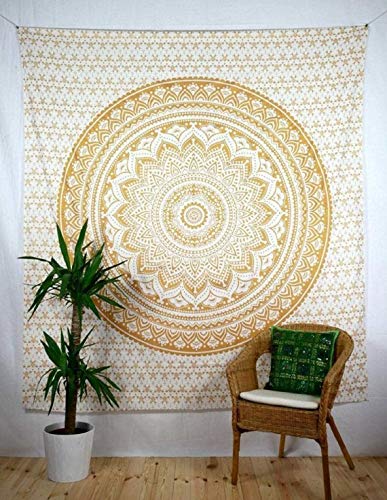 ANJANIYA Ombre Wall Hanging Bohemian Tapestry, Metallic Wall Art Bedspread, Psychedelic Hippie Mandala Dorm Décor for Hanging, Bedding, Beach Coverlet Curtain, Gold 85"X90" - color: Gold, size: 90"L x 85"W