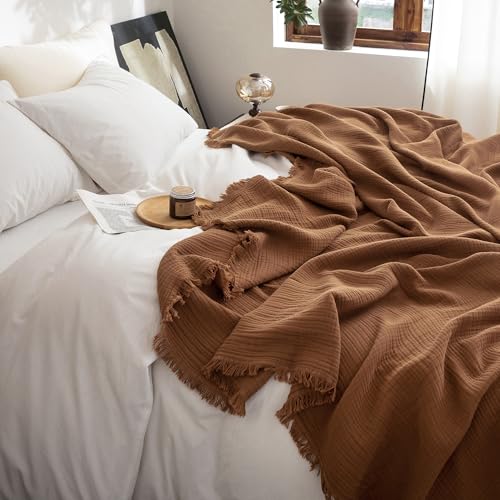 FOSSA Muslin Blanket with Fringe - 4-Layer 100% Cotton Gauze Super Soft & Breathable Throw -Lightweight Decorative Cooling Blanket for Bed, Sofa, Office -Throw XL Size 50" × 70" (Dark Orange) - color: Dark Orange, size: Throw XL (50" × 70")