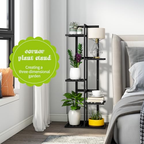 BMOSU Bamboo Plant Stand for Indoor Outdoor Plants Corner Tall Plant Shelf 6 Potted Holder Shelf Plant Rack Holder Display Rack(Black) - color: Black