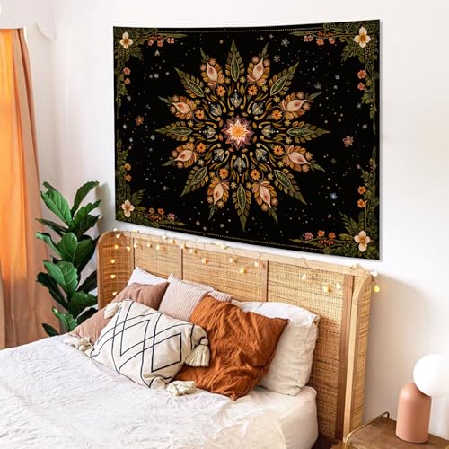 Fowocu Boho Floral Mandala Tapestry for Bedroom Aesthetic Vintage Bohemian Flower Wall Tapestry Black Green Hippie Indian Small Tapestries Wall Hanging for Living Room Dorm Decor 48 x 36 Inch - color: Black Green, size: 48"L x 36"W