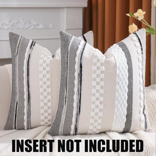 Chenille Throw Pillow Covers 18x18 Set of 2 Boho Tufted Pillow Covers Striped Decorative Pillow Cases Accent Pillowcases Farmhouse Cushion Case for Home Decor,White - color: White Stripe, size: 18" x 18" (Pack of 2)