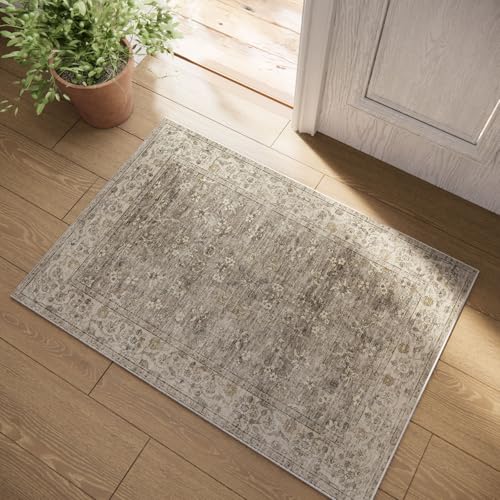 Washable Entryway Small Area Rugs: Door Mat Indoor Entrance 2x3 Boho Rug Stain Resistant Non-Slip Rubber Backing Soft Carpet for Kitchen Front Door Indoor Entrance Entry Bedroom Kids Room - color: Brown and Grey, size: 2' x 3' (Rectangular)