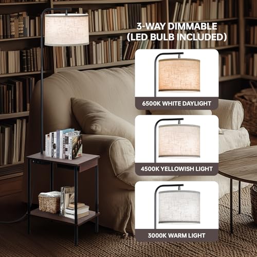 EOEYYOYB Floor Lamp with Table & Drawers, End Table Lamp with USB Charging Portt Power Outlet and Shelves, Side Table Reading Light with 3 Color Temperature Led Bulb Included for Living Room, Walnut - color: Walnut (with Drawer)