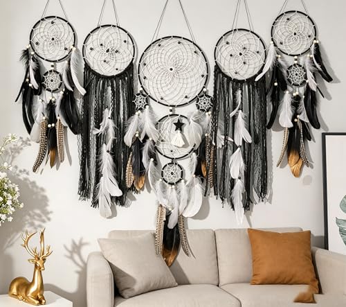 Set of 5 Boho, Hanging Large Boho Dream Catcher Macrame Wall Hanging Moon Dream Catcher Set Dream Catchers Wall Decor for Vintage Wedding Home Decorations (Black) - color: Black
