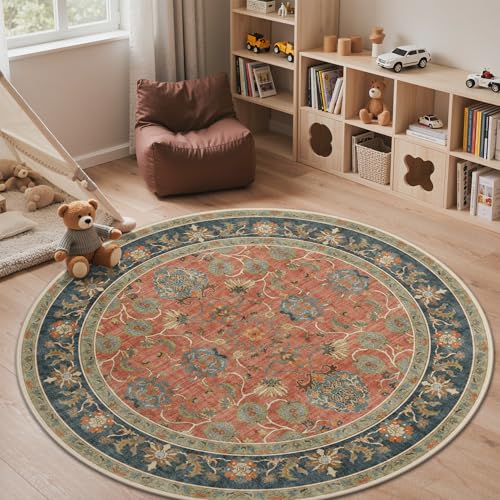 Bavni 6ft Floral Round Rugs for Living Room, Vintage Distressed Accent Circle Rug, Machine Washable Rug Non Slip Stain Resistant, Low Pile Thin Soft Coral Blue Carpet for Bedroom, Dining Room, Nursery - color: Coral Blue, size: 6' (Round)