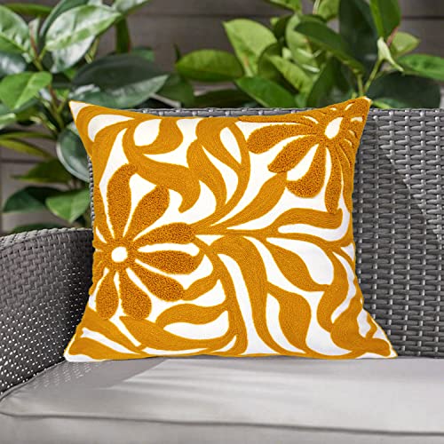 Alysheer Farmhouse Floral Leaves Embroidered Decorative Throw Pillow Cover 18x18 inches, Boho Tufted Flowers Embroidery Pattern Chic Cotton Cushion Case for Couch Bed Sofa Living Room(Mustard Yellow) - color: Mustard Yellow Floral, size: 18" x 18" (Pack o