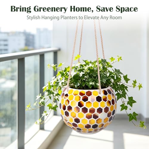 Hanging Planter Mosaic Garden Pot Small Flower Pot for Indoor Plant Disco Ball Hanging Planter with Drainage Yellow Bee - color: Yellow