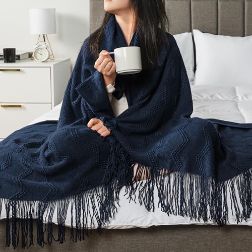PAVILIA Navy Blue Knit Throw Blanket for Couch, Twin Bed, Soft Knitted Farmhouse Sofa Throw for Living Room, Lightweight Decorative Summer Blanket for Chair, Outdoor Textured Boho Blanket, 60x80 - color: Navy Blue, size: 60 X 80 Inches - Twin