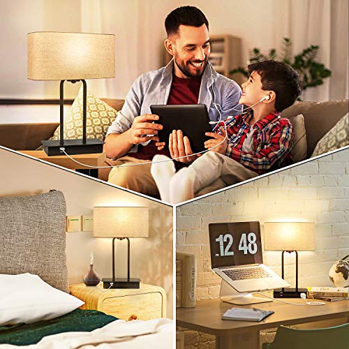 3-Way Dimmable Touch Control Table Lamp with 2 USB Ports and AC Power Outlet Modern Bedside Nightstand Lamp Fabric Shade and Metal Base for Guestroom Bedroom Living Room LED Bulb Included Warm White - color: Cream