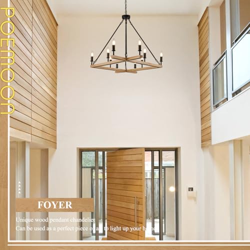 Farmhouse L53'' Wooden Square Chandelier Natural 10-Light Rustic Rectangular Candle Chandeliers Long Ceiling Pendant Lighting for Living Dining Room Foyer Kitchen Bedroom High Ceiling,E12 - color: Natural, size: 53 inches