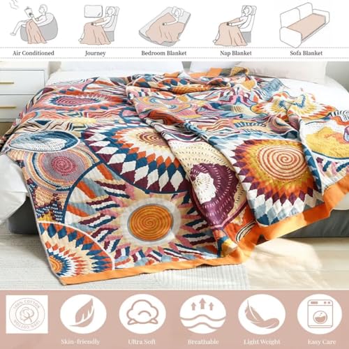 Boho Throw Blanket for Bed 100% Cotton Bohemian Blankets Ultra Soft Woven Muslin Decorative Blankets All Seasons Vintage Quilt Knitted Blanket for Sofa Chair (Colorful, 80"x90") - color: K-colorful World, size: 80"x90"
