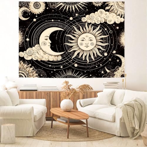 Delur Sun and Moon Tapestry Black Dark Boho Spiritual Burning Sun Tapestry Wall Hanging Mystic Aesthetic Cloud Abstract Star Psychedelic Headboard for Bedroom Living Room Home Decor (70.8" x 92.5") - color: Dark Sun and Moon, size: 70.8"L x 92.5"W