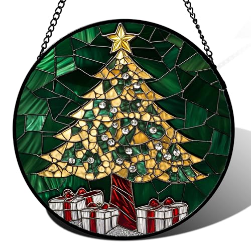 Stained Glass Window Hanging - Gold Green Christmas Tree Suncatcher for Doors Home Christmas Decoration Winter Sun Catcher Thanksgiving New Year Birthday Gifts for Women Men Mom Nana 6.3 in - color: Green and Gold, size: 6.3x6.3 IN