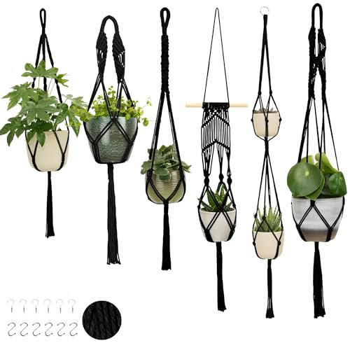 Nook Theory 6-Pack Macrame Plant Hangers with 12 Hooks - Hanging Planters for Indoor Plants, Boho Macrame Hangers Indoor Outdoor, Decorative Plant Hanger Indoor (Black) - color: 6-pack Black