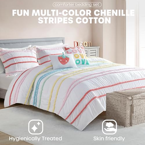 Intelligent Design Kids Twin Comforter Set, Cotton Comforter Set, Casual Fun Colors Chenille Stripes, All Seasons Fluffy Comforter Bed Set, 1 Sham, 2 Decor Pillows, Haisley, Twin, Pink Multi 4 Piece - color: Pink Multi, size: Twin Comforter