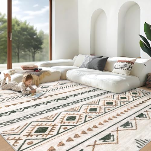 Area Rug Living Room Rugs 8x10 - Large Soft Boho Geometric Rug, Non-Slip Foldable Washable Rugs Non Shedding Morden Indoor Floor Carpet for Living Room Bedroom Office Dining Room(Brown Green,8'x10') - color: Brown/Green, size: 8' X 10' (Rectangular)